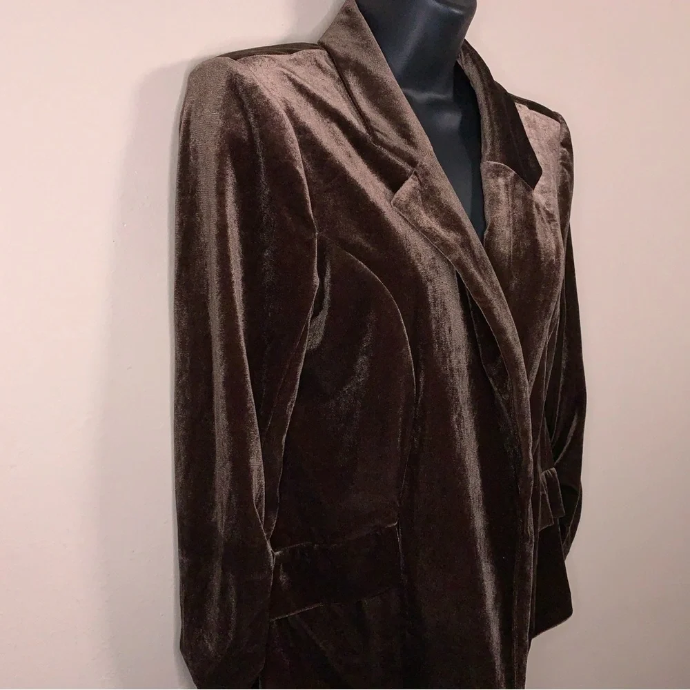 Y2K Era Small Cato Brown Velour Stretch Blazer Ruched 3/4 Length Sleeve